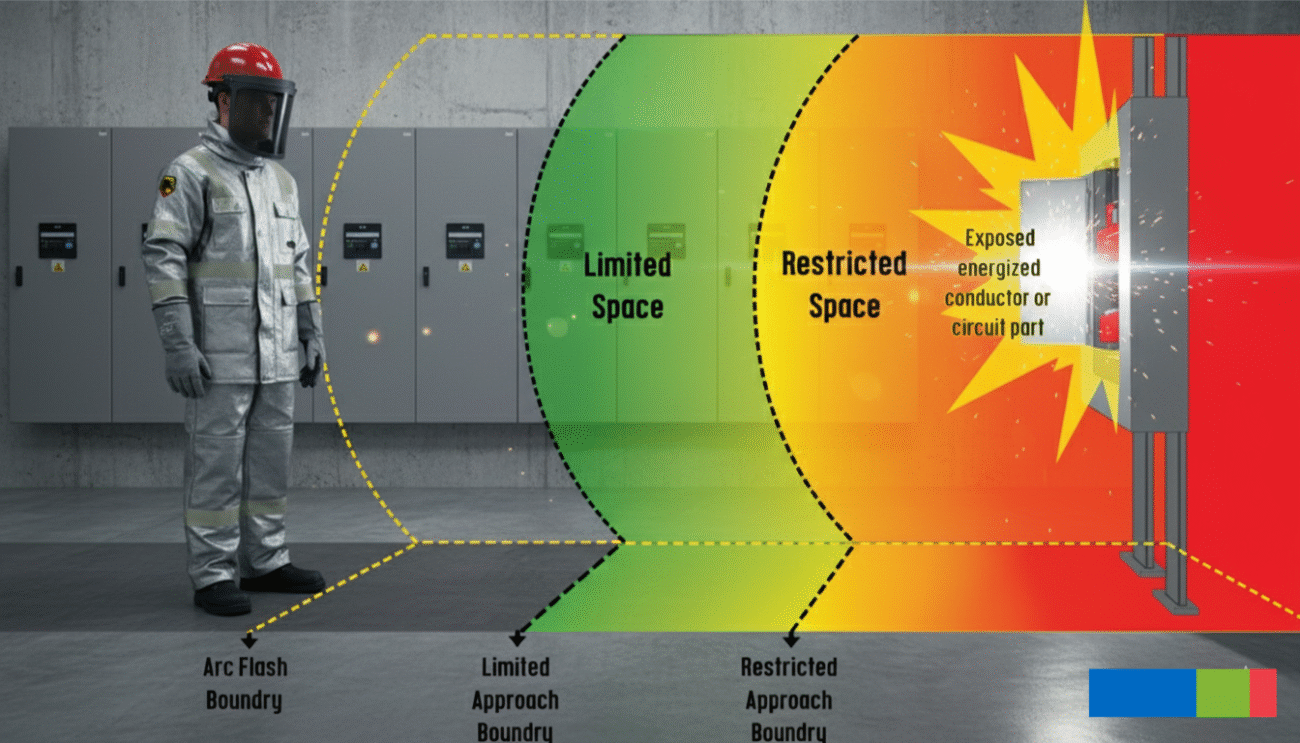 Arc Flash Safety: 2025 Guide (Part 1 – The Hidden Dangers Every Worker Should Know) 4 An image illustrating the different safety zones around an electrical panel: the Arc Flash Boundary, the Limited Approach Boundary, and the Restricted Approach Boundary. A worker in full arc flash PPE stands outside the first boundary.