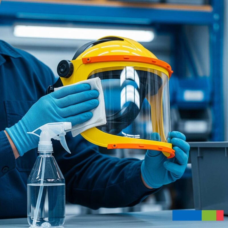 Arc Flash PPE Care: 2025 Guide (Part 3 – Essential Dos, Don’ts, and Lifesaving Maintenance Tips for Maximum Protection) 2 A worker wearing blue gloves and a blue jumpsuit carefully cleans a yellow hard hat with an attached face shield using a spray bottle and cloth.