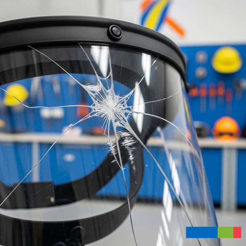Arc Flash PPE Care: 2025 Guide (Part 3 – Essential Dos, Don’ts, and Lifesaving Maintenance Tips for Maximum Protection) 3 A close-up of a shattered or cracked plastic face shield with a prominent starburst pattern of cracks, illustrating damage to the protective gear.