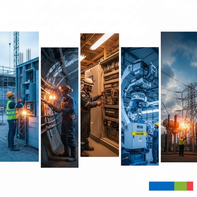 Arc Flash Safety: 2025 Guide (Part 1 – The Hidden Dangers Every Worker Should Know) 3 A vertical five-panel collage showing workers in different industrial settings, from construction to mining and utilities, highlighting electrical hazards in each environment.