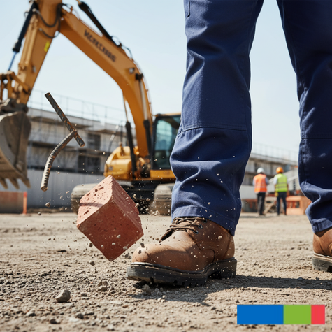 Ultimate Safety Footwear 2025 Guide (Part 1 – The Real Cost of Ignoring PPE Standards) 4 Close-up of a worker wearing brown leather safety boots and blue trousers on a gravel construction site. A brick and a piece of rebar are shown bouncing off the ground near the boot, highlighting the need for impact and puncture-resistant PPE. An excavator and other workers are visible in the background.