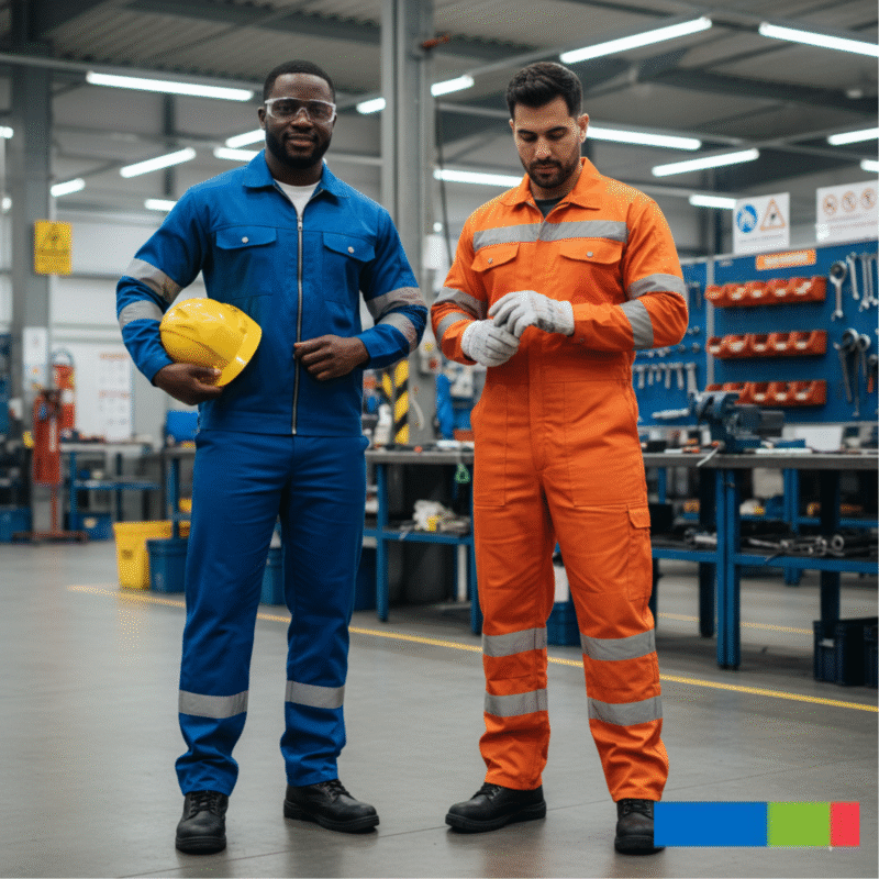 Diverse group of South African factory workers in mixed safety gear, including two-piece conti and one-piece boiler-suits, promoting teamwork.