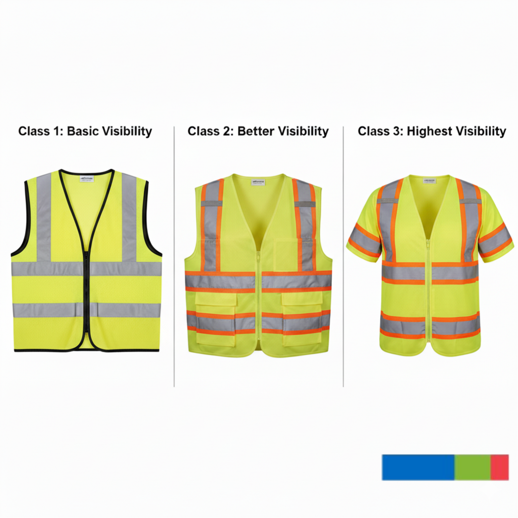 Side-by-side comparison illustrating three classes of high-visibility workwear: Class 1 (Basic Vest), Class 2 (Better Vest), and Class 3 (Highest Visibility shirt with sleeves).