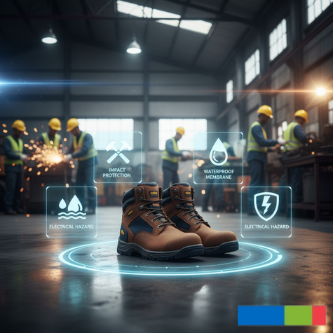 Ultimate Safety Footwear 2025 Guide (Part 2 – How to Choose, Maintain & Manage PPE the Right Way) 2 A close-up of a brown leather safety boot centrally displayed in a busy factory setting, surrounded by holographic icons representing its core protective PPE features: Impact Protection, Waterproof Membrane, and Electrical Hazard (EH) Resistance.