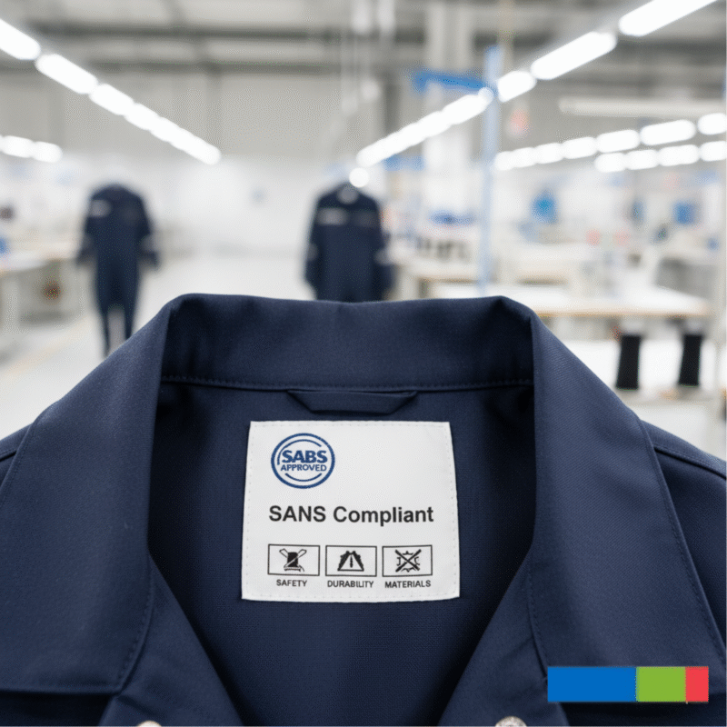 Close-up of a conti neck tag clearly showing the SABS Approved and SANS Compliant certification marks, indicating quality and safety standards.